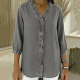 Denimbluse mit V-Ausschnitt und Volants – Produktansicht 6