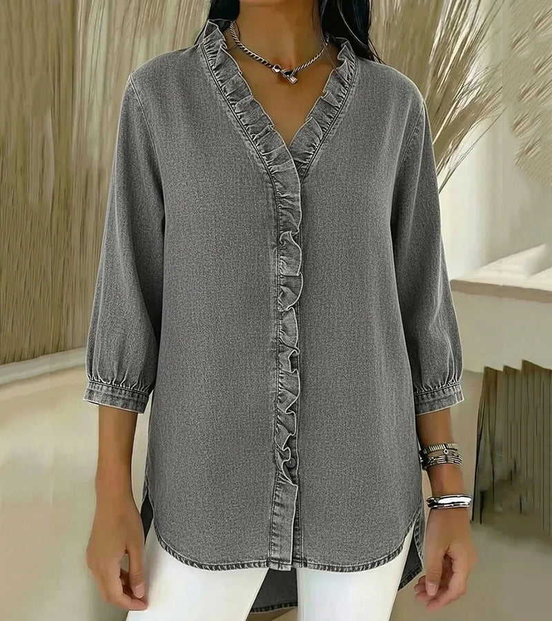 Denimbluse mit V-Ausschnitt und Volants – Produktansicht 6