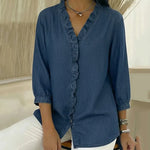 Denimbluse mit V-Ausschnitt und Volants – Produktansicht 10