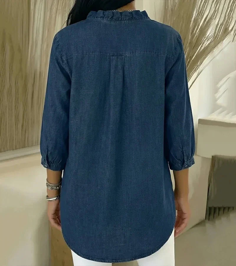 Denimbluse mit V-Ausschnitt und Volants – Produktansicht 9