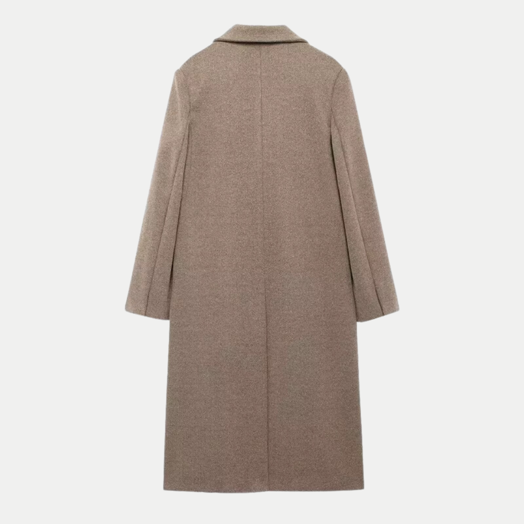 Eleganter langer zweireihiger Wollmantel in Taupe – Produktansicht 3