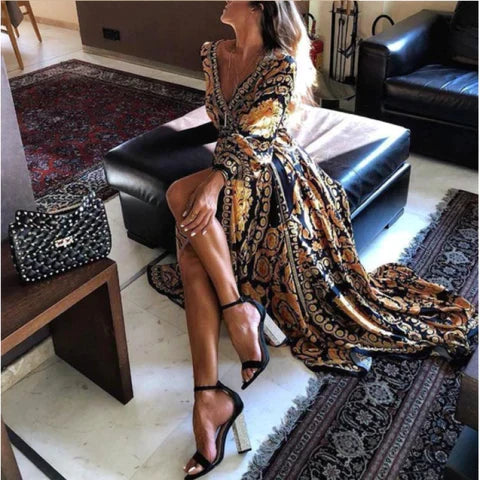 Bequemes Boho-Kleid mit buntem Druck mit Bindegürtel – Produktansicht 4