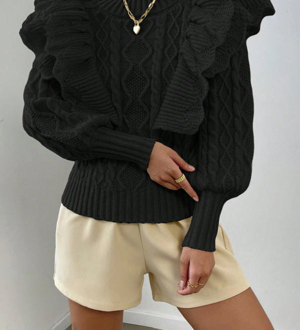 Pullover mit Zopfmuster und zarten Volants – Produktansicht 5