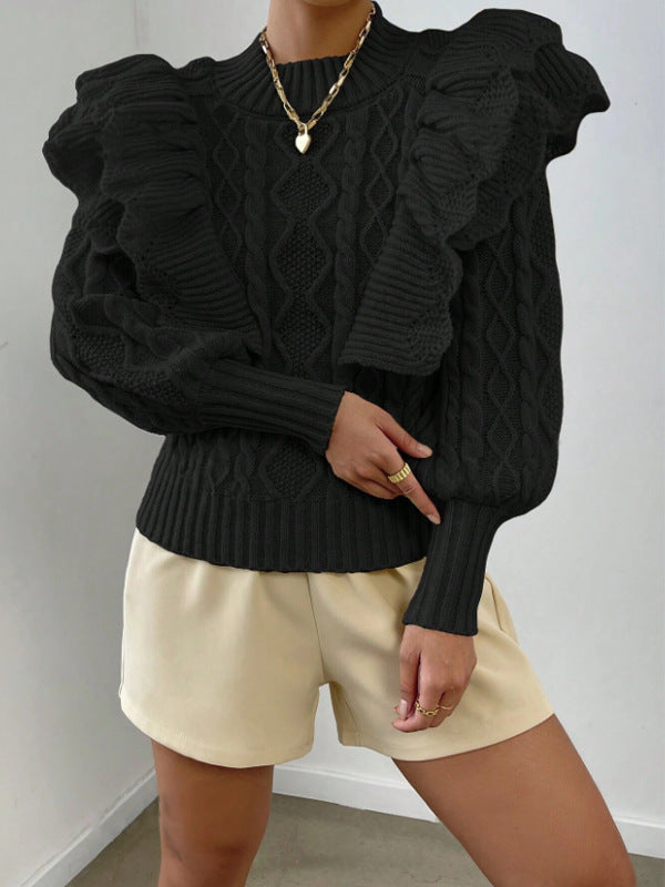 Pullover mit Zopfmuster und zarten Volants – Produktansicht 5
