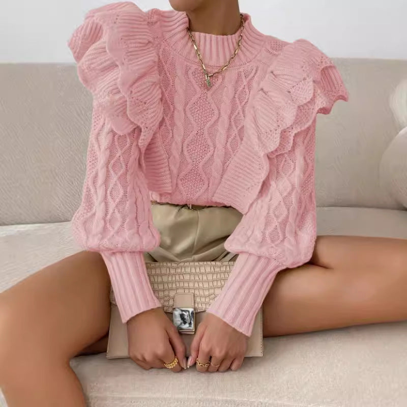 Pullover mit Zopfmuster und zarten Volants – Produktansicht 4