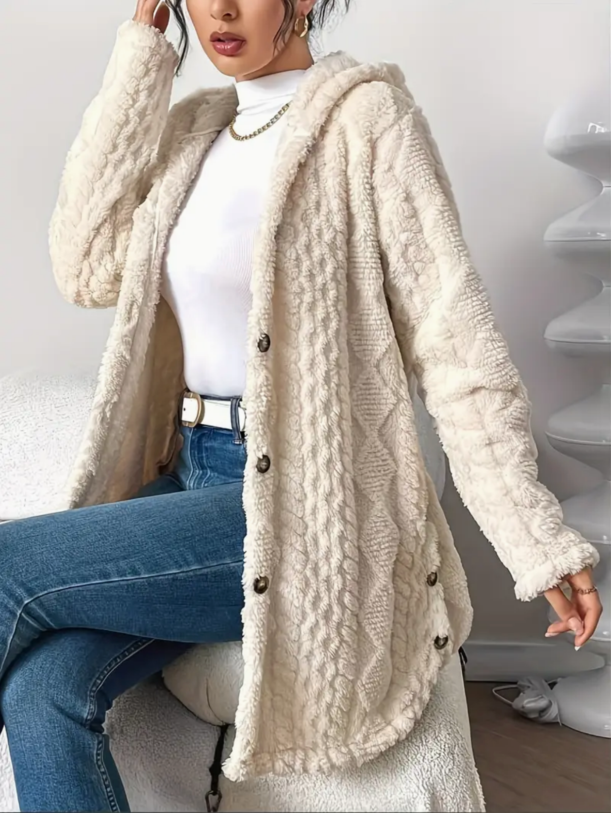Strickjacke mit Kapuze und Zopfmuster – Produktansicht 6