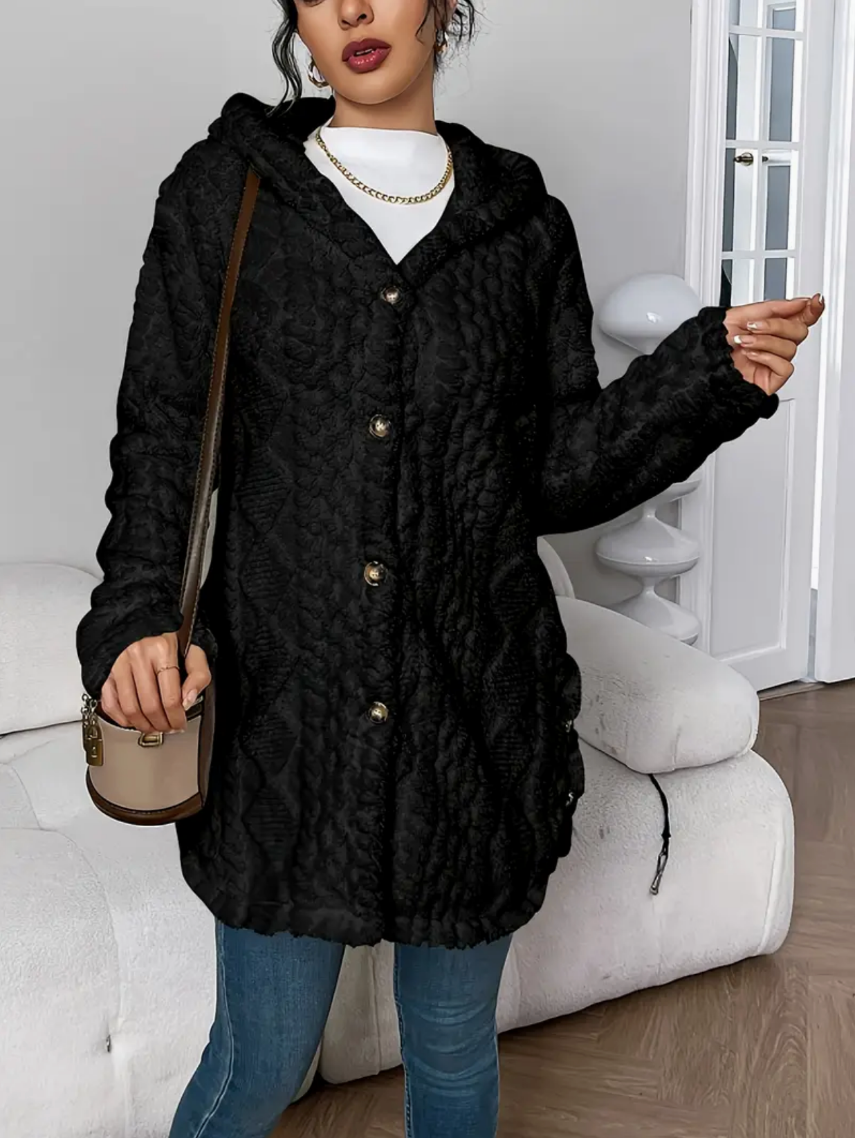 Strickjacke mit Kapuze und Zopfmuster – Produktansicht 14