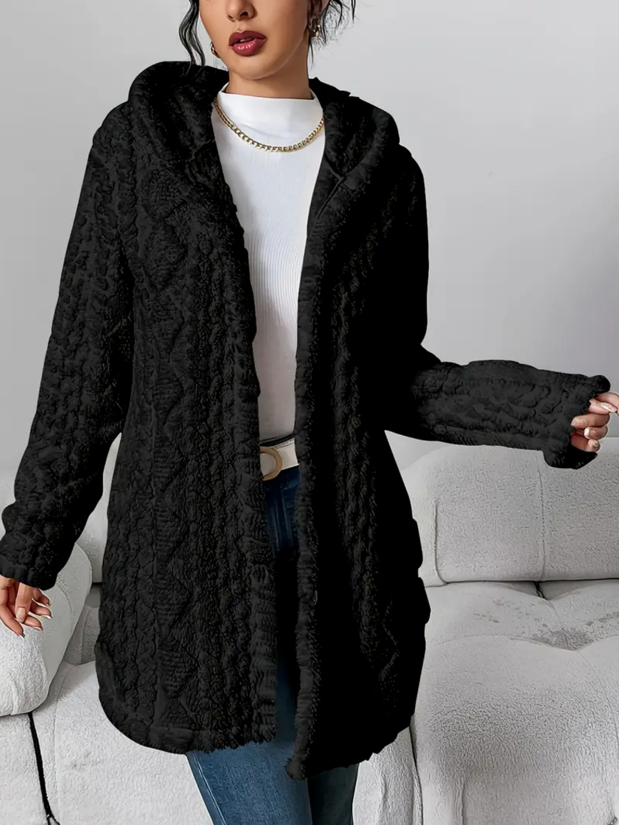 Strickjacke mit Kapuze und Zopfmuster – Produktansicht 15