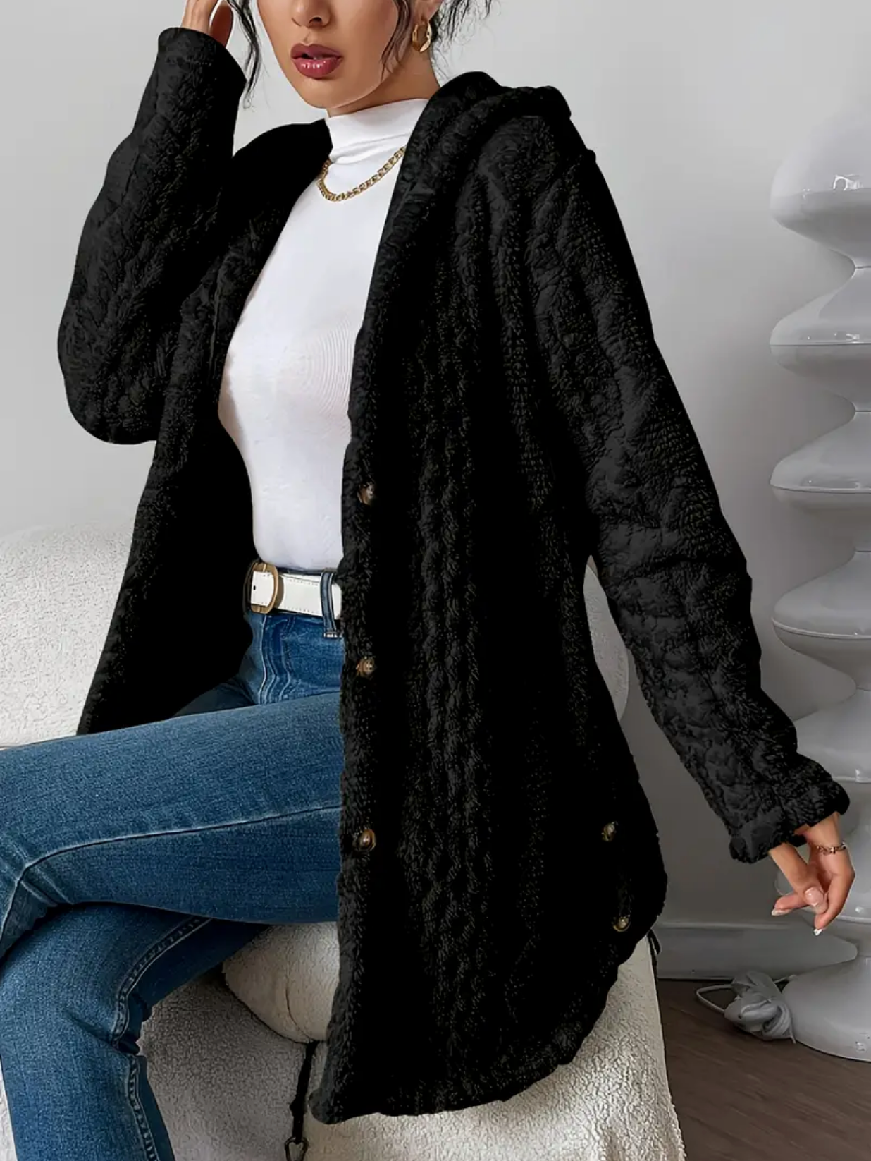 Strickjacke mit Kapuze und Zopfmuster – Produktansicht 4