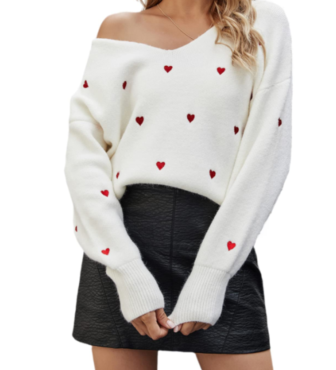 Pullover mit V-Ausschnitt und Herzmuster – Produktansicht 2