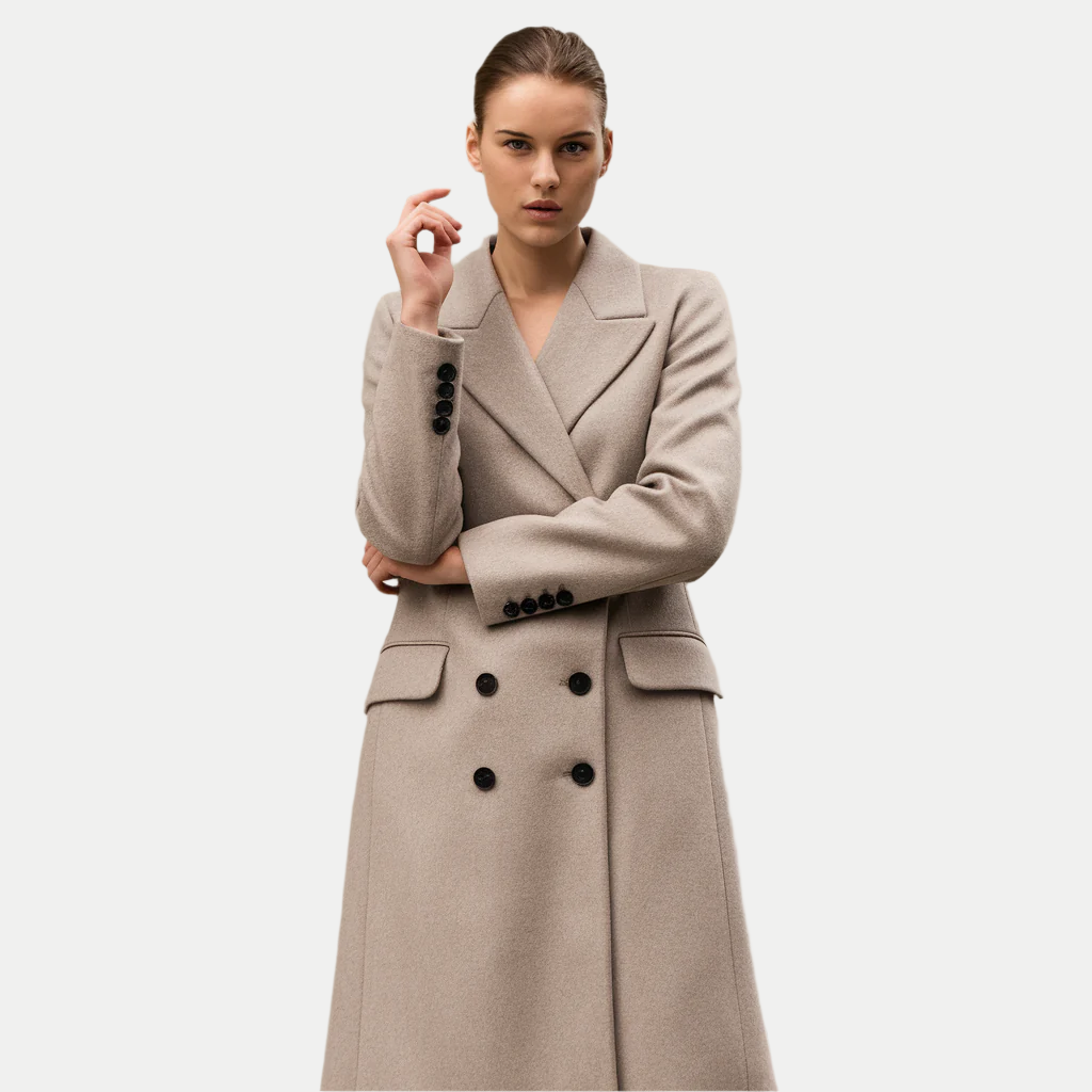 Eleganter langer zweireihiger Wollmantel in Taupe – Produktansicht 1