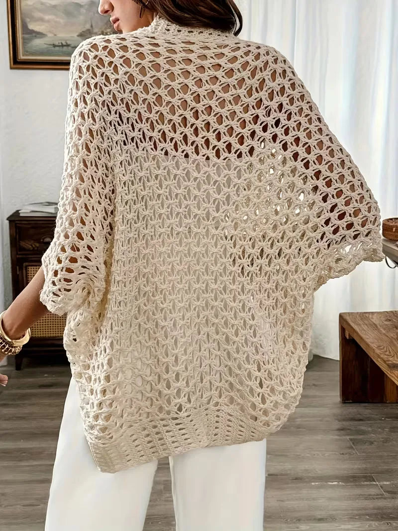 Häkel-Cardigan mit Ajour-Muster in Hellbeige – Produktansicht 2