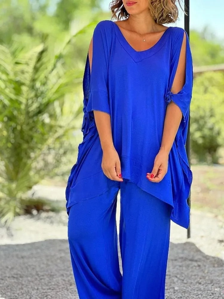 Elegantes Set aus Oberteil und Hose mit seitlichem Schlitz – Produktansicht 1