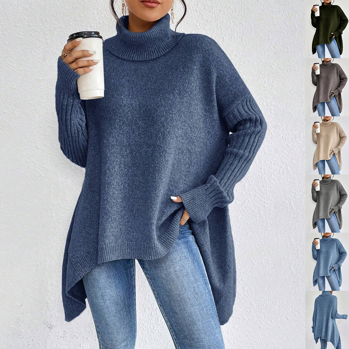 Lässiger Rollkragenpullover mit asymmetrischem Saum – Produktansicht 1