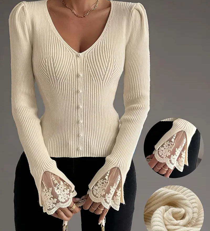 Gerippter Pullover mit V-Ausschnitt für jeden Tag – Produktansicht 3