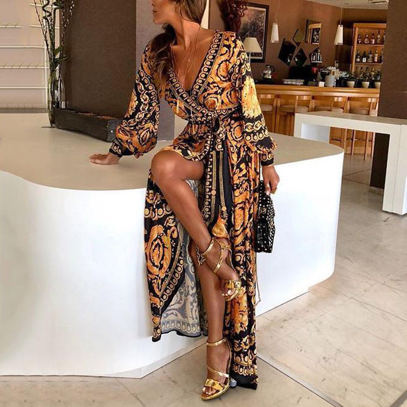 Bequemes Boho-Kleid mit buntem Druck mit Bindegürtel – Produktansicht 1